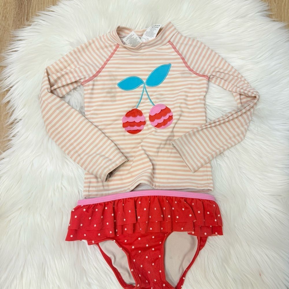 Mini Boden Pink Striped Cherry Rashguard Set - Size 18/24 months